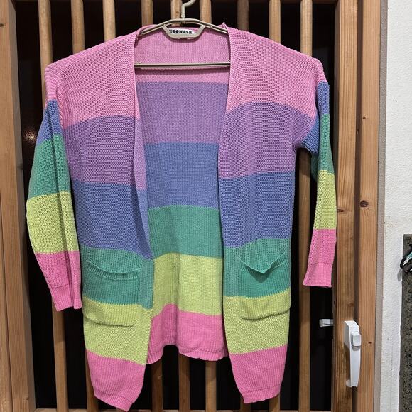 Ecowish Rainbow Cardigan Womens XL Multicolor Striped Open Front Sweater Preppy - Picture 1 of 7